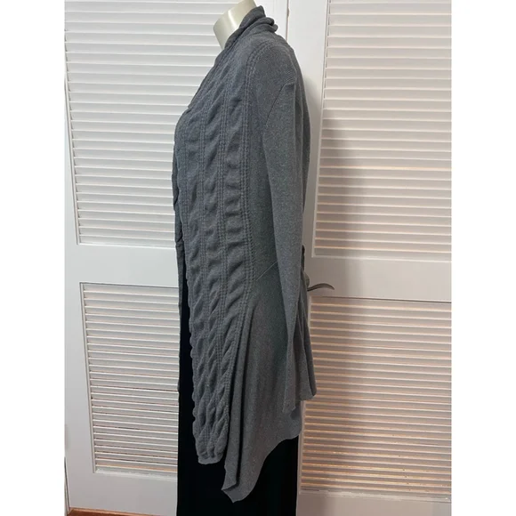 Cache Gray Draped Open Front Cardigan Sweater L Belted Faux Leather Shawl Collar - Picture 4 of 9